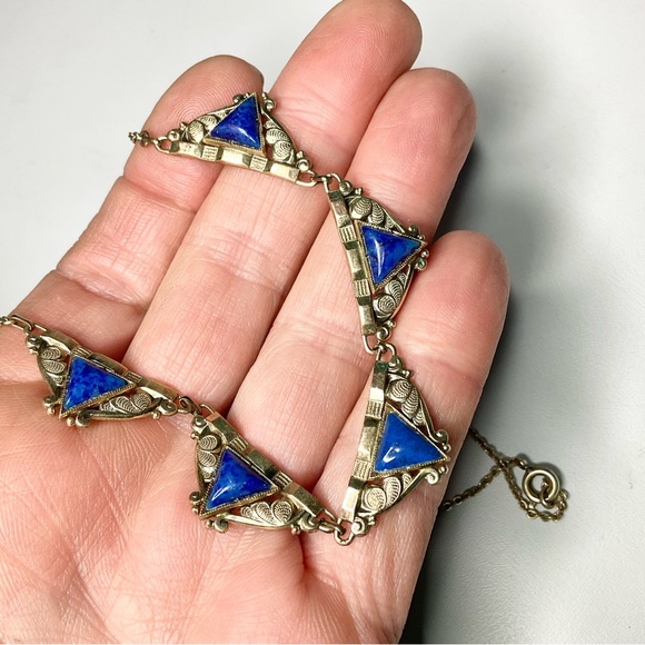 Art Deco Rolled Gold Collar Necklace w/Peking Glass Stones - Picture 6 of 7